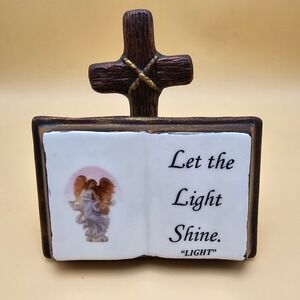 Religious Cross Book Planter Figurine Angel Let the Light Shine "LIGHT"